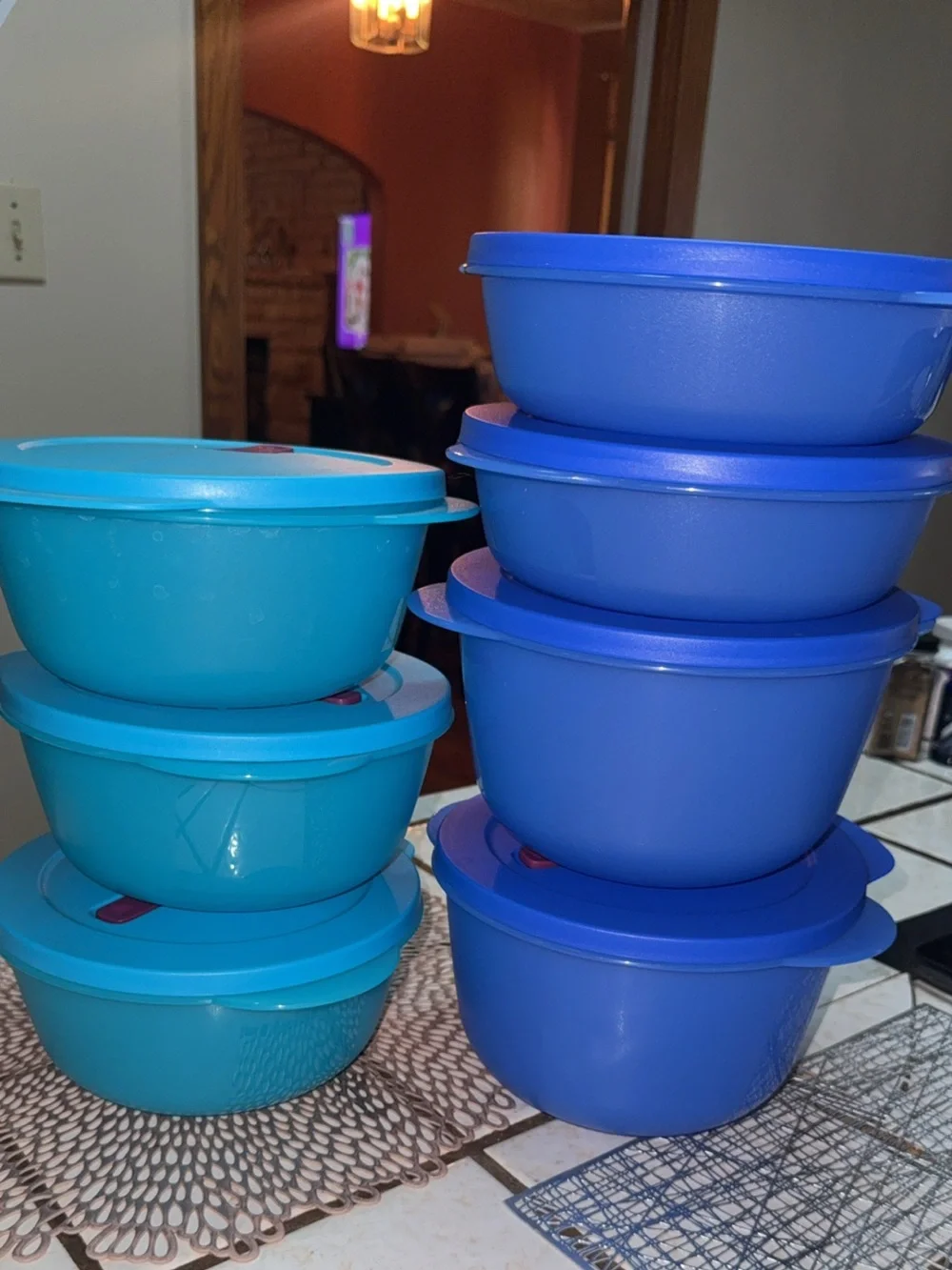 Tupperware Blue and Teal Microwave Containers with Maroon Vents 7 pieces